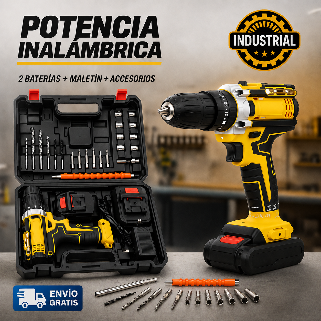 [PROMO] TALADRO INALÁMBRICO INDUSTRIAL - 2 BATERÍAS + MALETÍN + ACCESORIOS 🔥