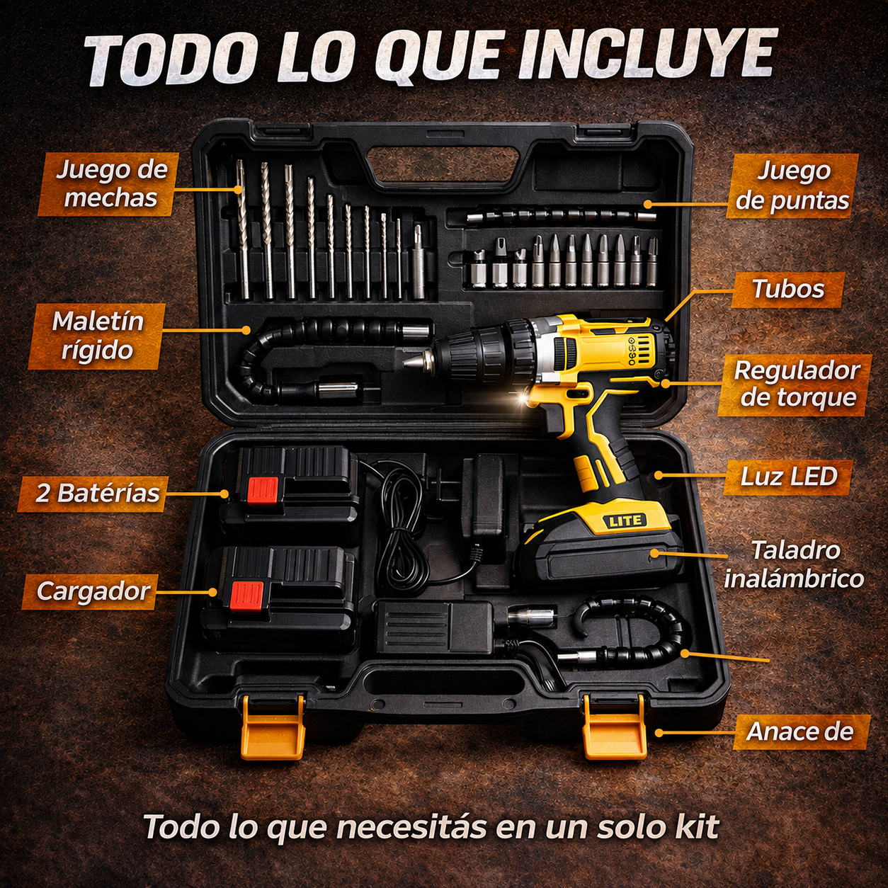 [PROMO] TALADRO INALÁMBRICO INDUSTRIAL - 2 BATERÍAS + MALETÍN + ACCESORIOS 🔥
